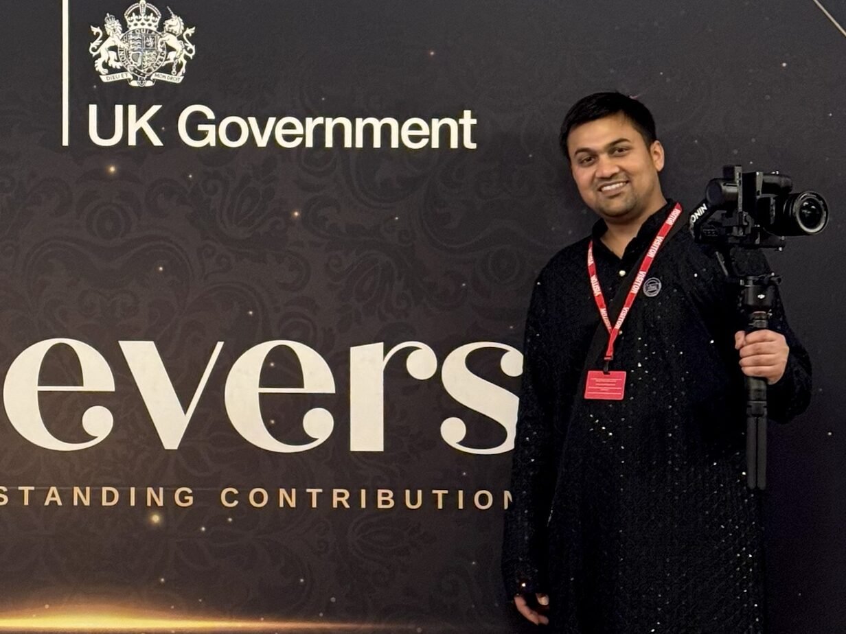 Aditya Narayan, founder of the AWSM company, with a camera gimbal at the NISAU Achievers awards