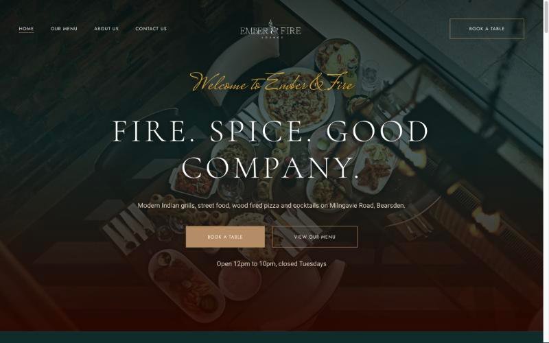 Homepage of the Ember and Fire Lounge website, designed and built by the AWSM company